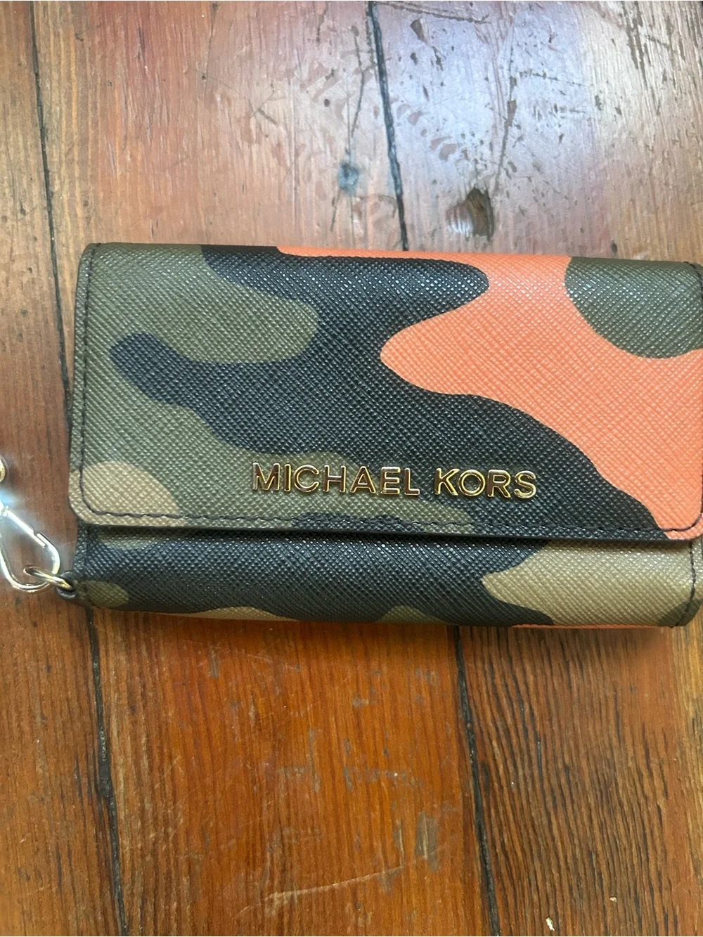 Michael Kors Camo Wristlet Wallet in Olive, Tan & Orange